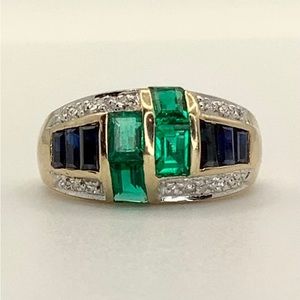 14K Emerald Cut Syn. Emerald & Sapphire Diamond Ring Yellow Gold